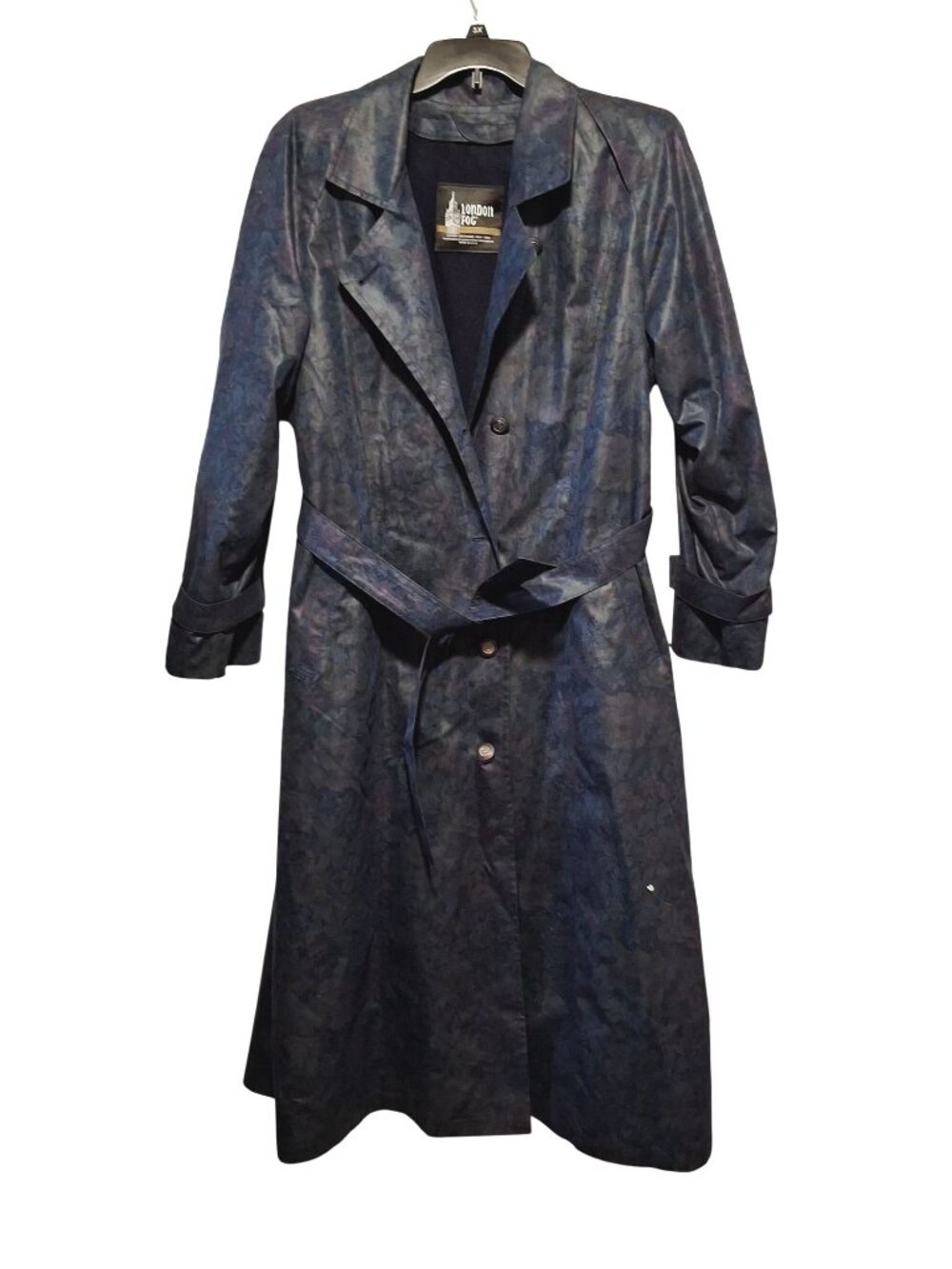 London Fog Womens Navy Floral Belted Trench Coat Size 14 Regular Made In USA